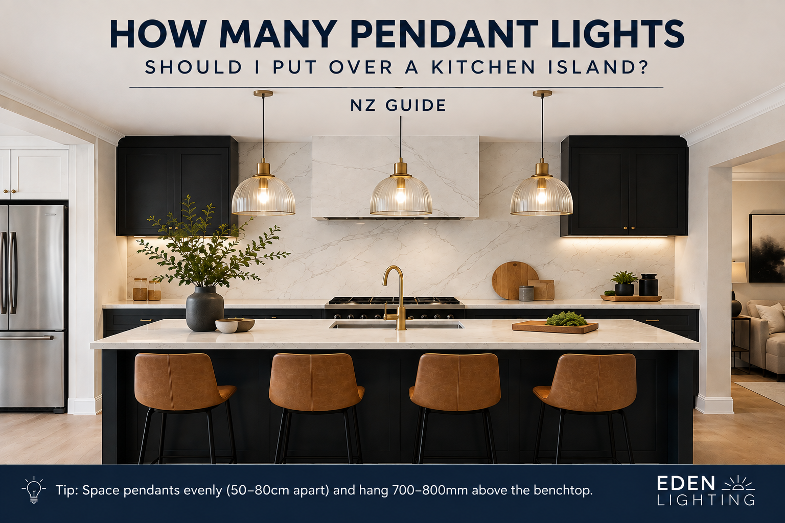 Modern kitchen island with three pendant lights