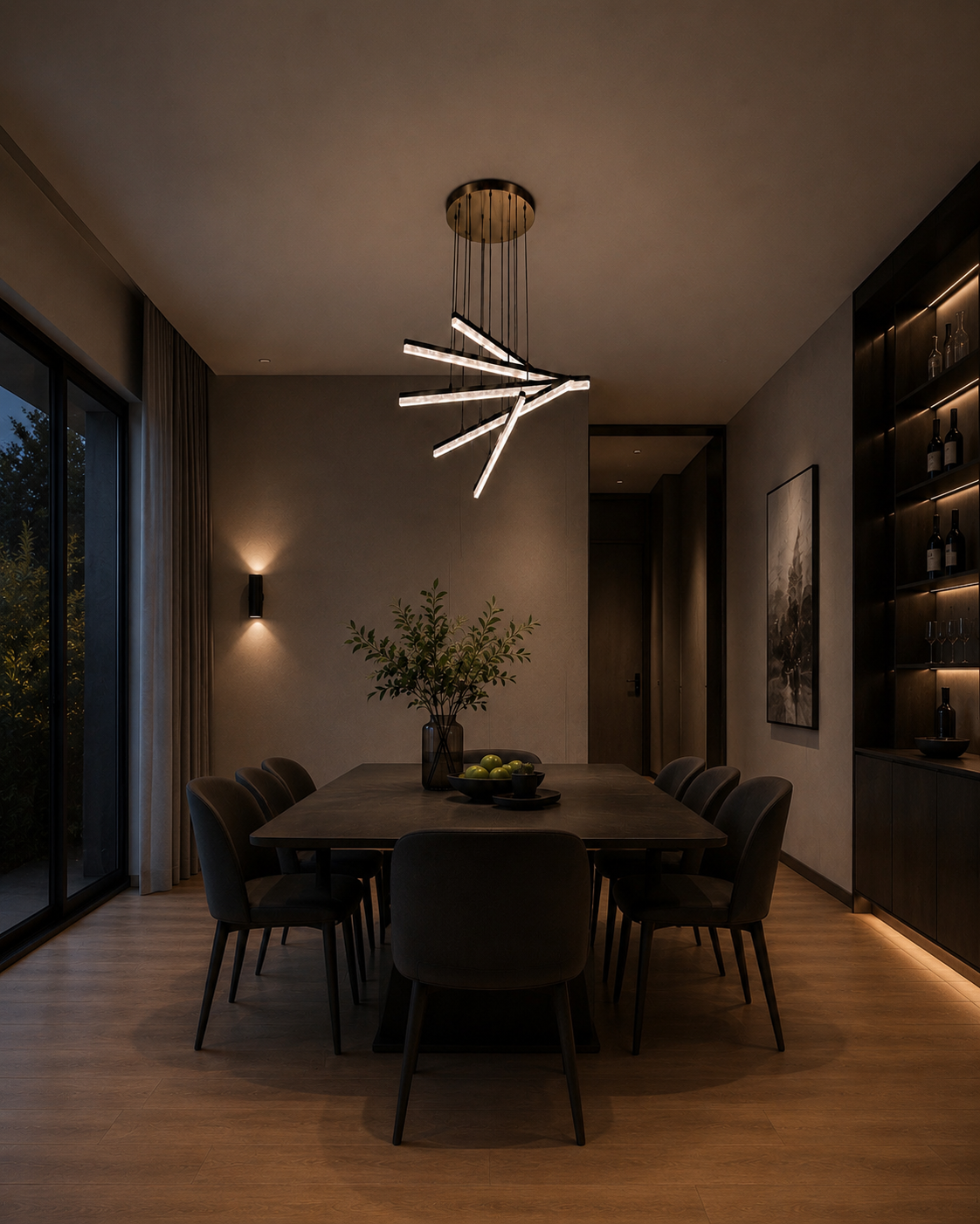 Modern dining room featuring a dark wood dining table