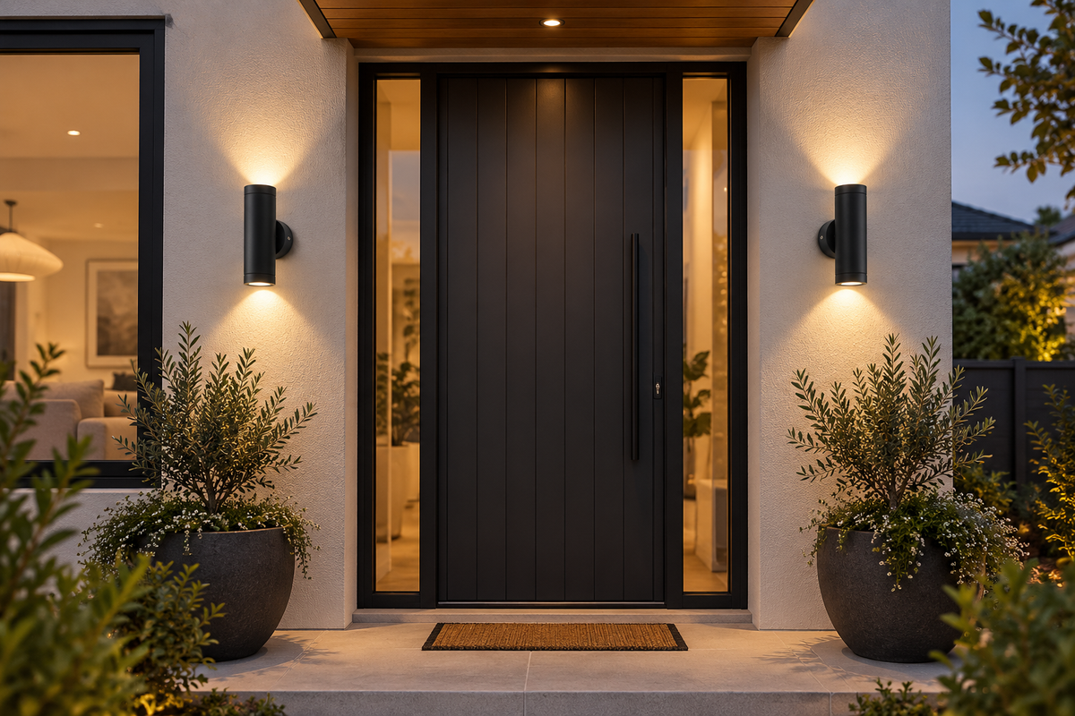 Outdoor wall light black 6302bk illuminating a modern entrance with plants and a stylish door.