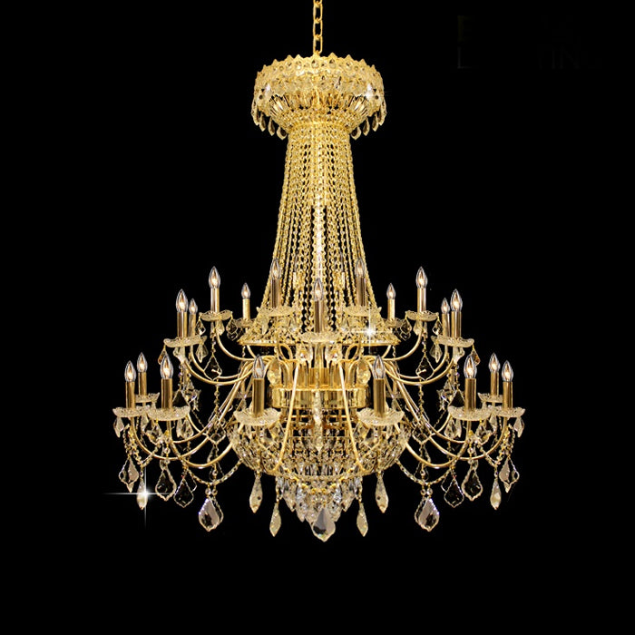 A Barroco style gold chandelier with crystal embellishments and a complex structure nz 