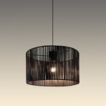 Black pendant light with a cylindrical design hanging in the room nz
