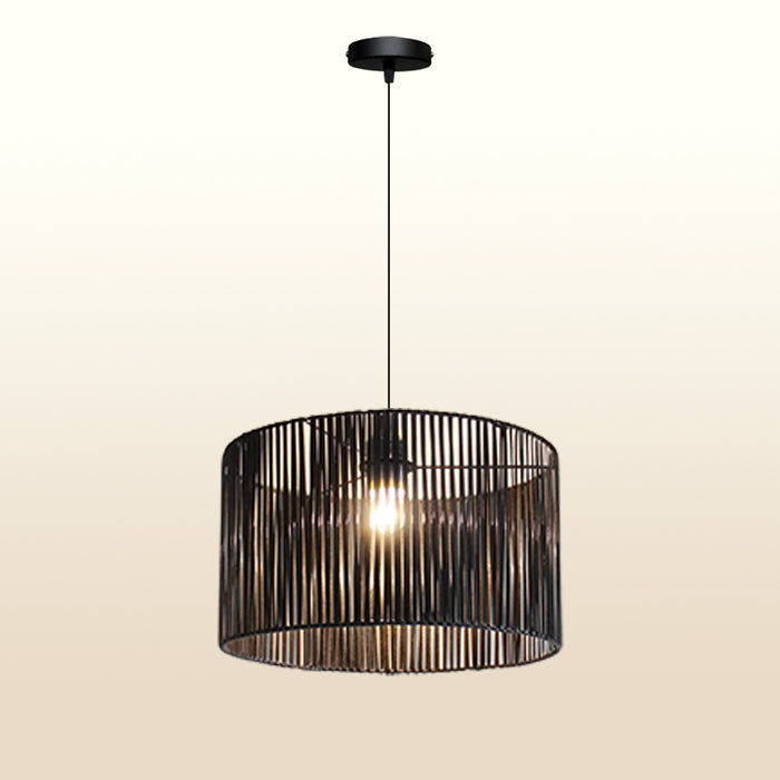 Black pendant light with a cylindrical design hanging on the enrty area
