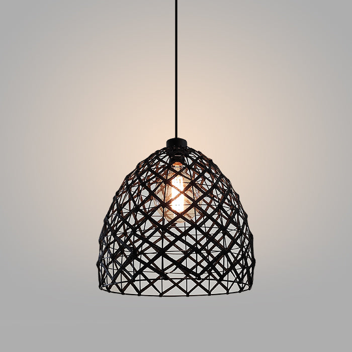Black woven pendant light hanging in the stairscase area