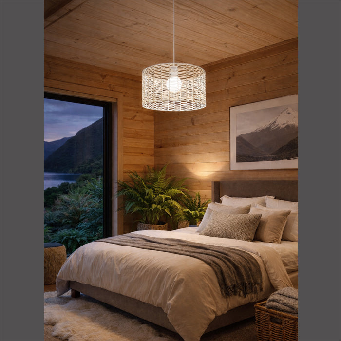 Cozy bedroom with white shade pendant light nz