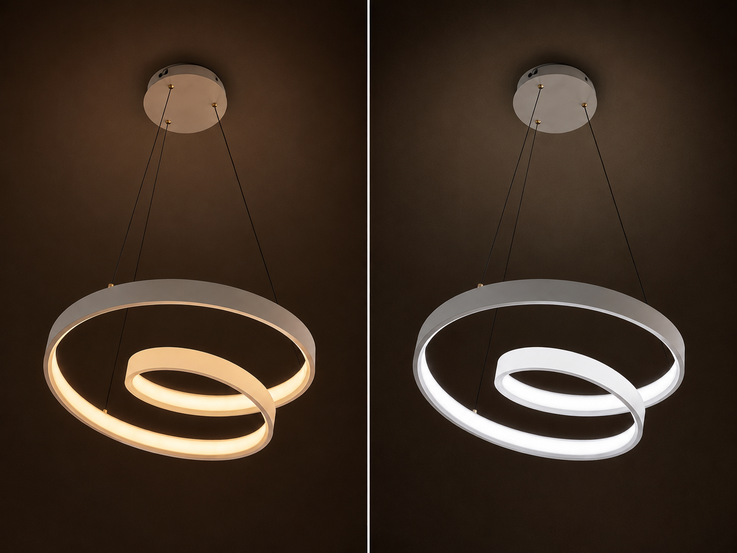 A modern double-ring LED ceiling light shown in a side-by-side comparison of its warm yellow glow on the left and cool white glow on the right, set against a dark brown background.