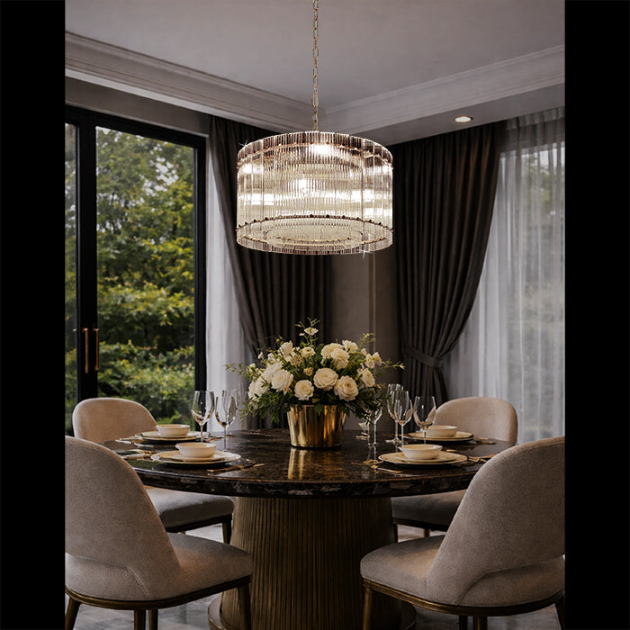 Dining room with a round glass chandelier nz