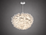 A modern feather-shaped pendant light fixture with a glowing warm white shade and a silver ceiling canopy, shown against a dark gray gradient background.