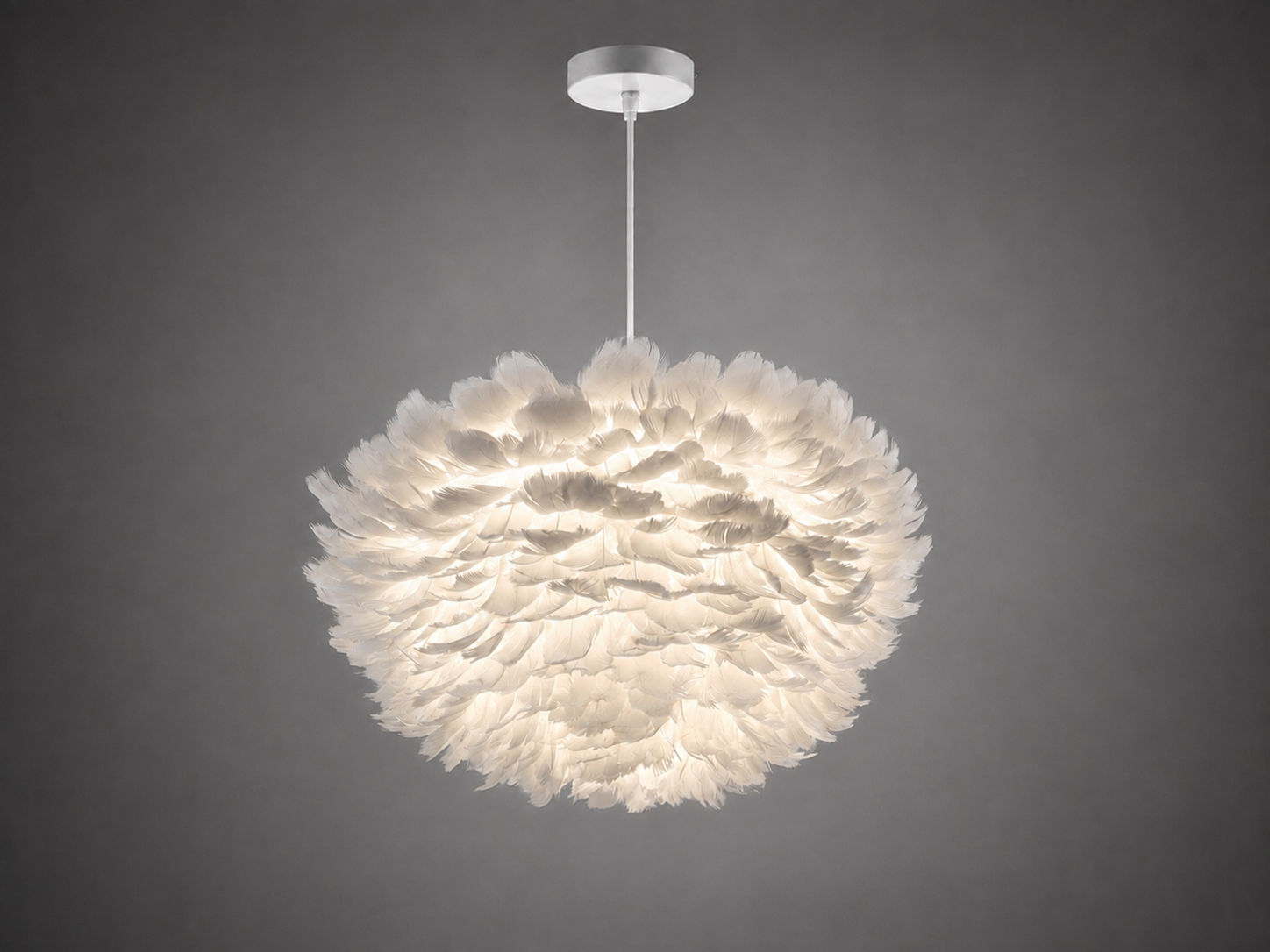 A modern feather-shaped pendant light fixture with a glowing warm white shade and a silver ceiling canopy, shown against a dark gray gradient background.