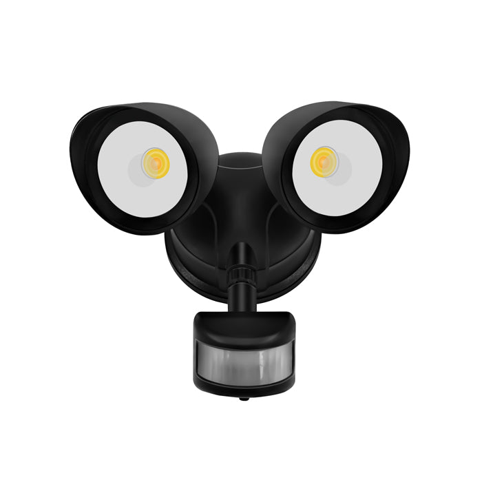 A black aluminum and durable plastic LED sensor light with two heads and a built-in motion sensor below them nz
