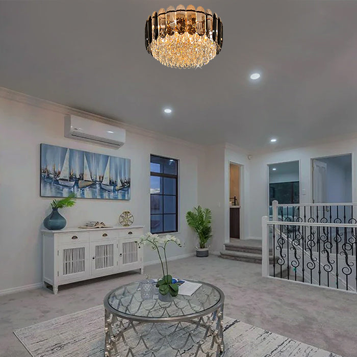 Living room with a smoke clear crystal chandelier west auckland