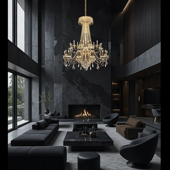 Luxurious living room with a chandelier auckland omes