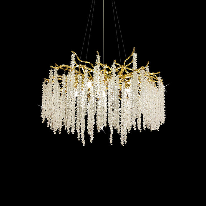 Luxury chandelier with gold frame and crystal elements in open space NZ