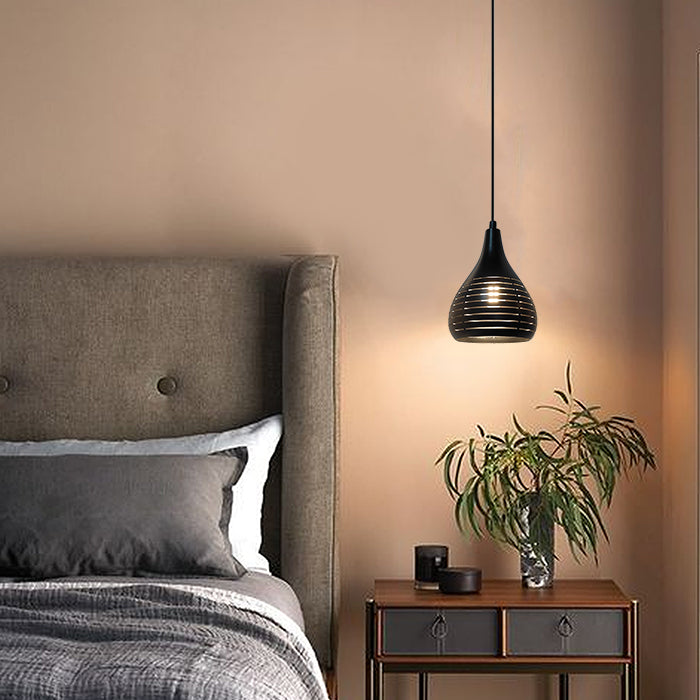 Modern bedroom with black pendant light auckland