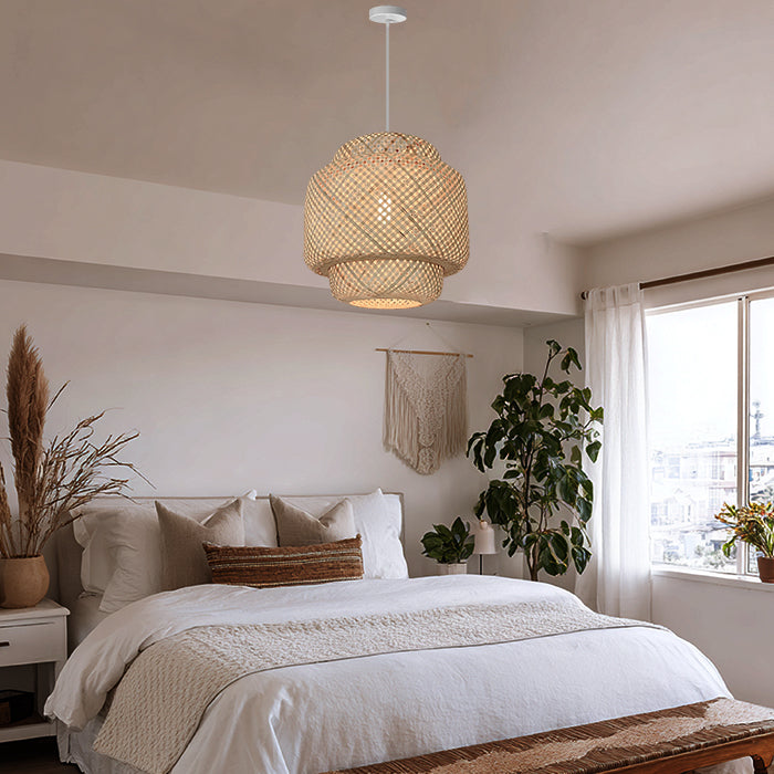 Modern bedroom with a woven pendant light west auckland edenlighting