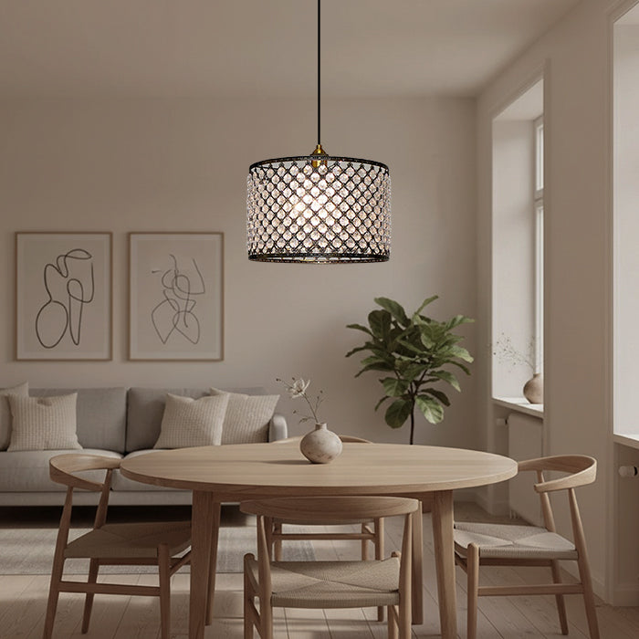Modern dining room with brown shade crystal pendant light.