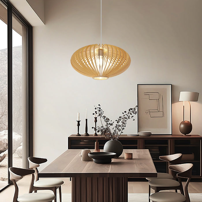 Modern dining room with wooden pendant light nz