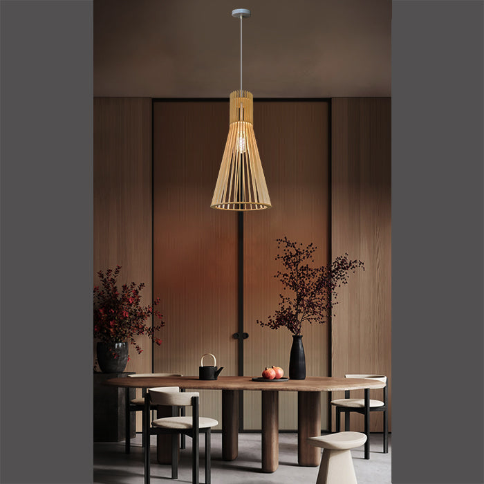 Modern dining room with wooden hanging light above the table nz