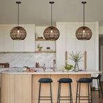Modern kitchen with wooden pendant lights above kitchen island nz