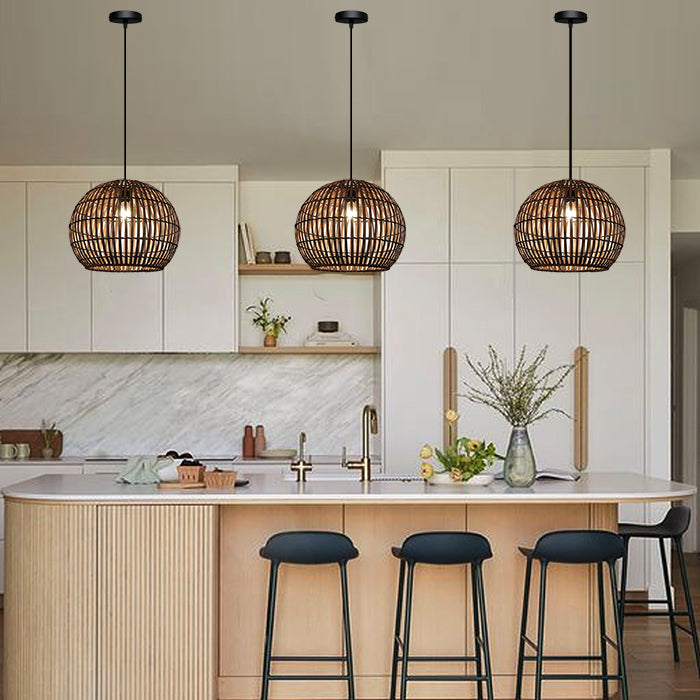 Modern kitchen with wooden pendant lights above kitchen island nz