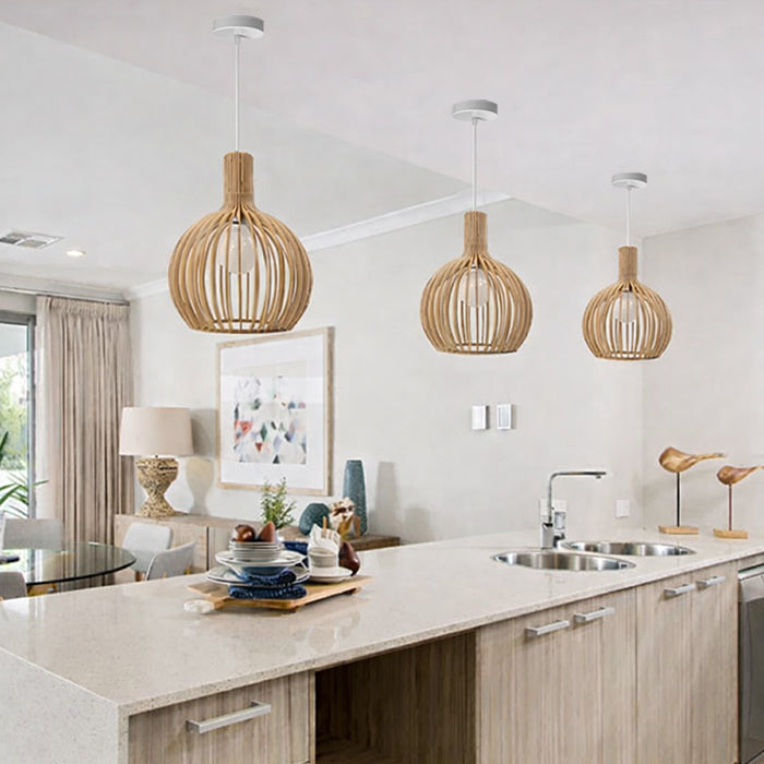 Modern kitchen with wooden pendant lights west auckland