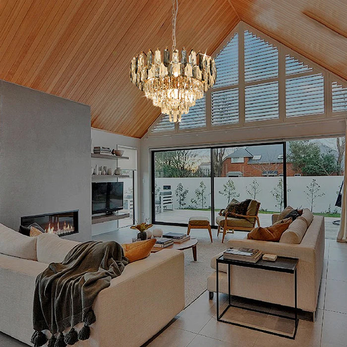 Modern living room with a crystal chandelier NZ