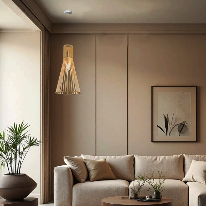 Modern living room with nature wooden pendant light auckland