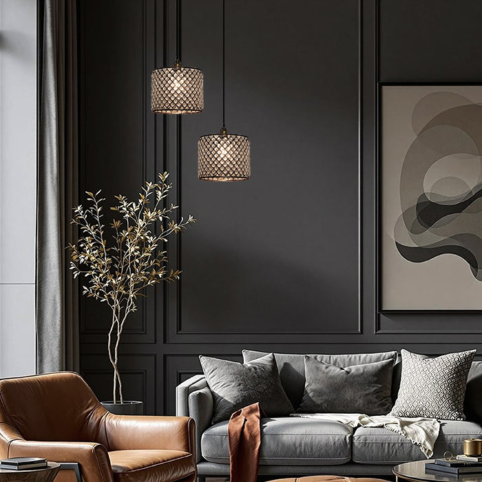 Modern living room with brown golden shade pendant light nz