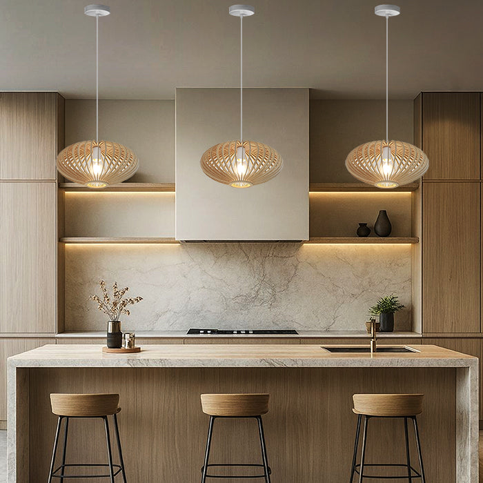 Modern kitchen with wooden nature pendant light edenlighting auckalnd