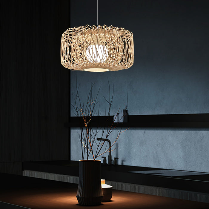 Modern wooden pendant light hanging above a kitchen counter nz