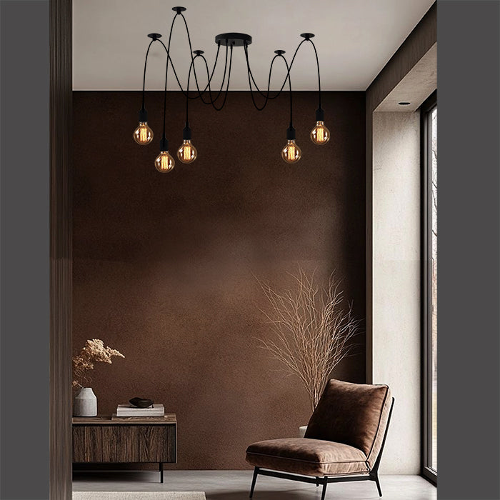 Modern room with multiple hanging ceiling light bulbs in a room nz