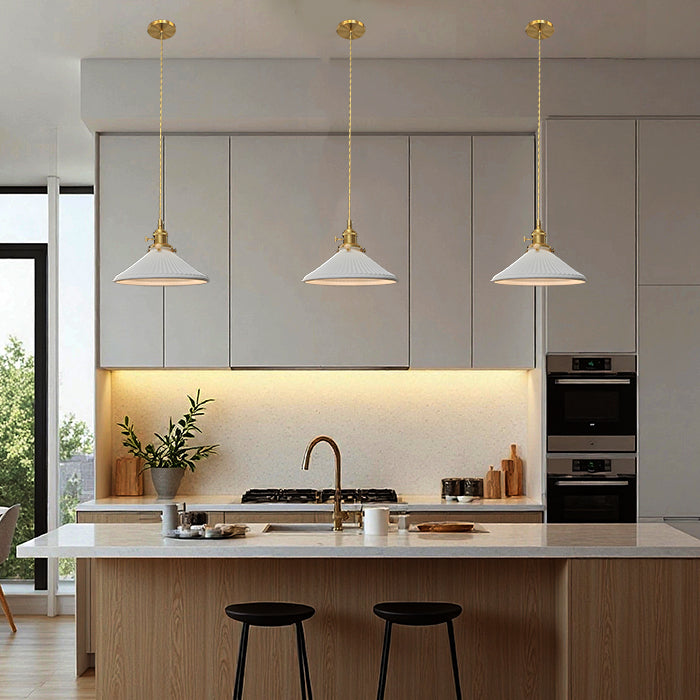 Modern white pendant lights above kitchen island NZ