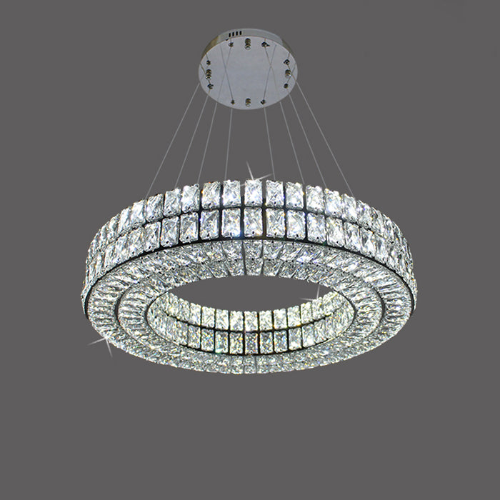 A modern chrome pendant light with multiple circular crystal rings nz homes
