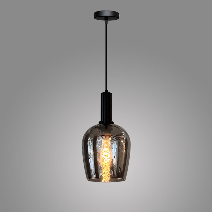 Pendant light with smoked glass shade above kitchen island nz