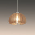 Wooden pendant light with a warm glow above island nz