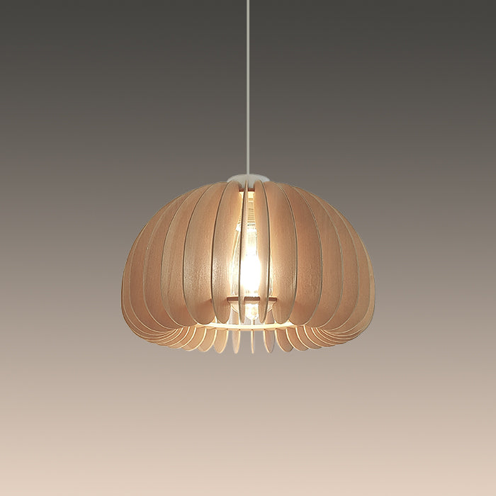 Wooden pendant light with a warm glow above island nz