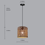 Woven Pendant light with dimensions on a gray background