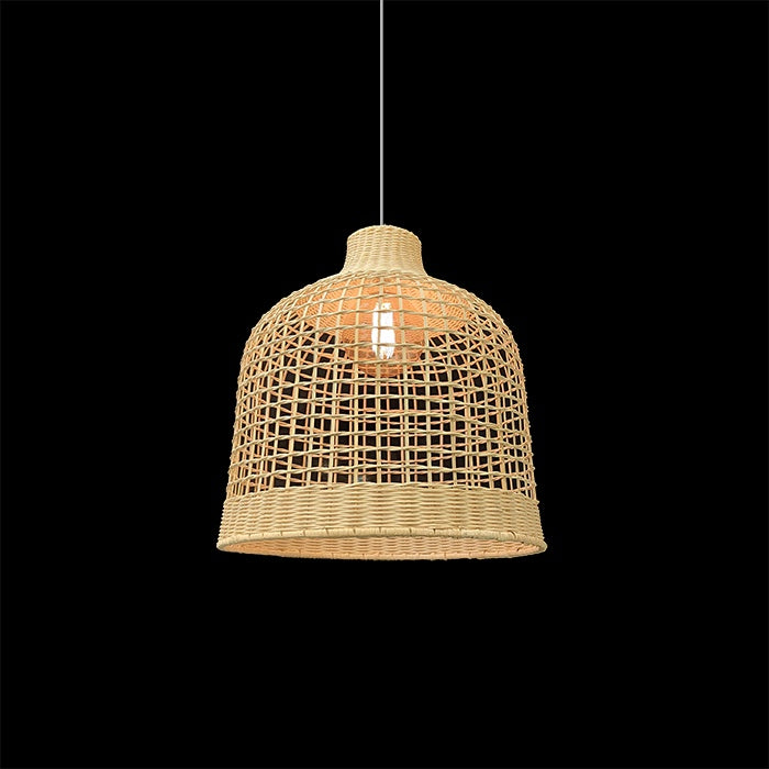 A natural beige bamboo pendant light shade with a bell shape NZ