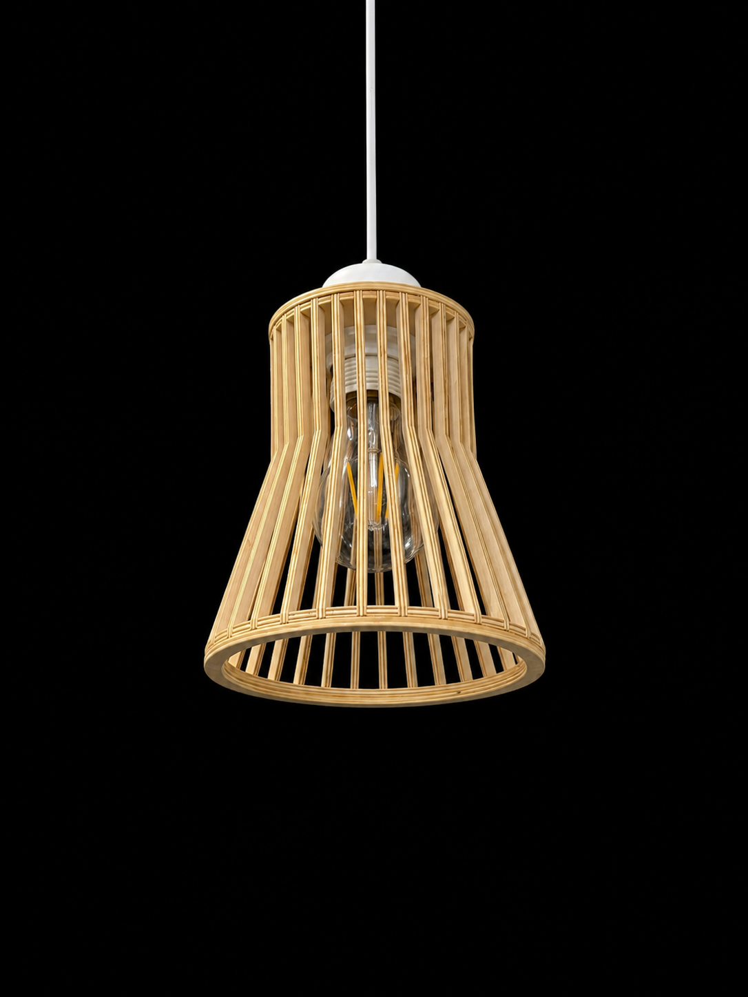 A bamboo slat pendant light with a conical shade, suspended by a white cord against a solid black background.