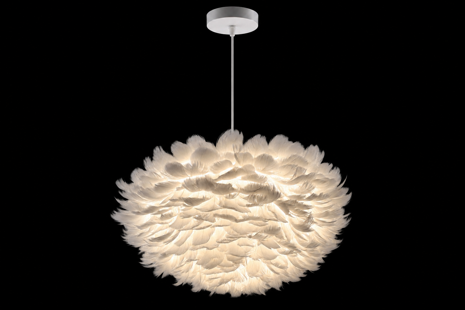 A modern feathered pendant light with a white fabric canopy and a large, fluffy feather shade glowing with warm light, 