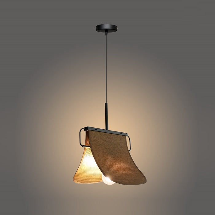 A pendant light with a brown and black book-inspired shade NZ