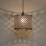A brown lampshade with a geometric pattern, featuring a metallic frame and crystal-like embellishments nz