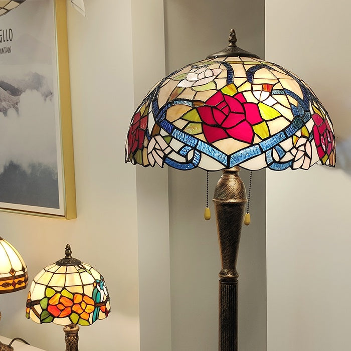 Tiffany-style stained glass lamp with floral design
