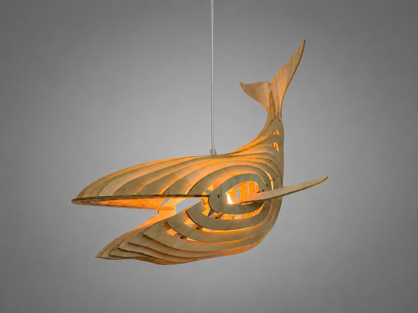 Whale-shaped wooden pendant light 600mm