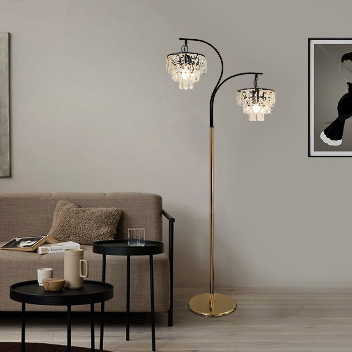 A floor lamp with a gold-colored base featuring crystal light in living room auckland