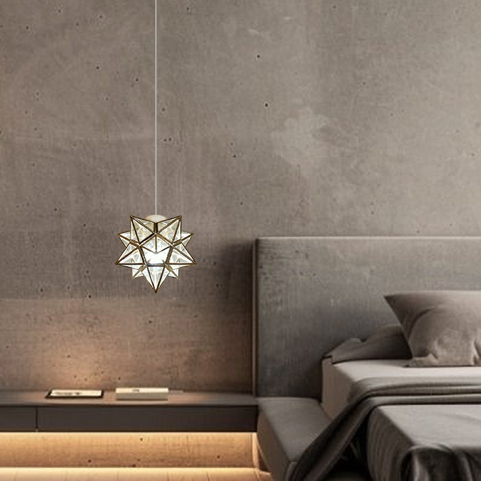 Modern bedroom with geometric pendant light NZ