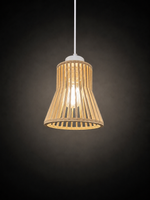 A hanging pendant light with a conical shade made of natural bamboo or rattan slats, suspended from a white cord against a dark gray background.