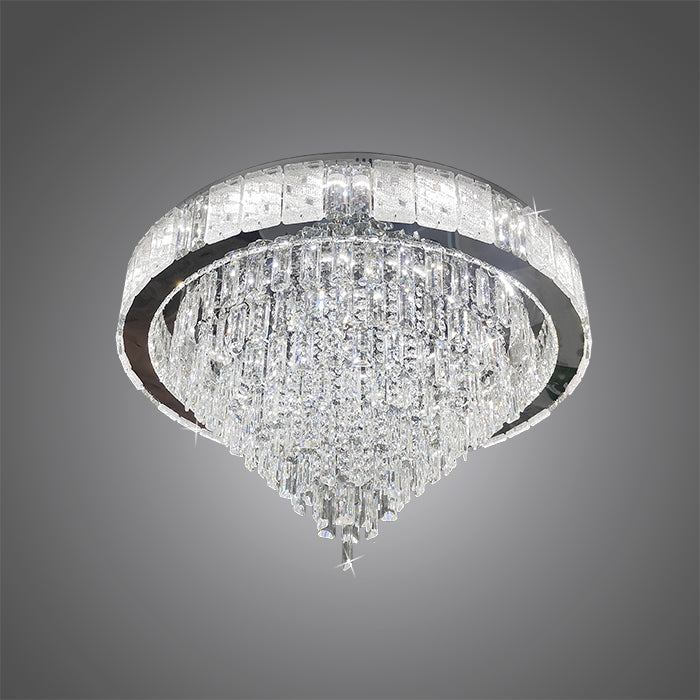 A modern chrome ceiling light fixture with clear crystal elements, designed in a round shape nz
