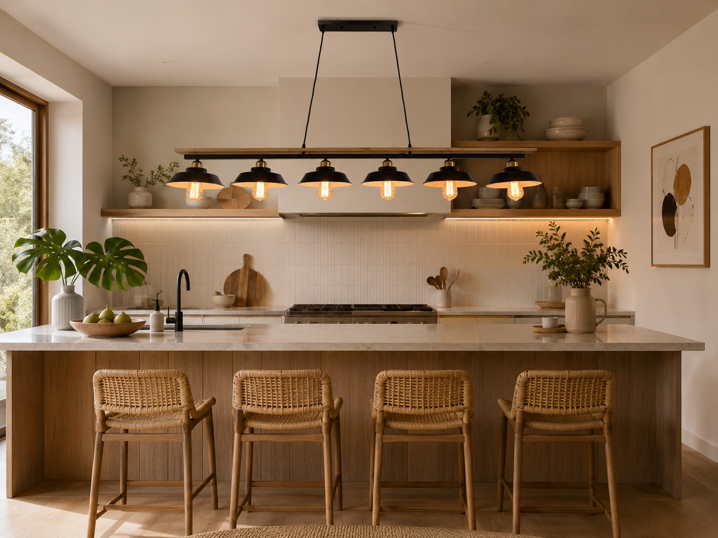 Modern kitchen with wooden and black iron shades pendant above the island.