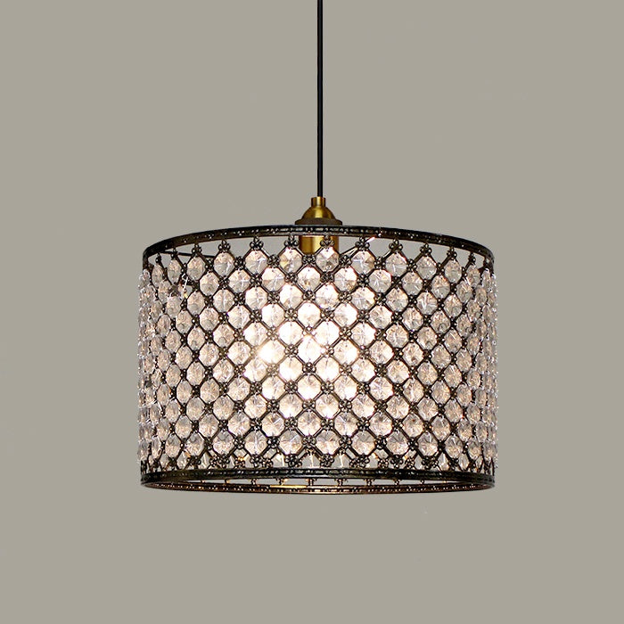 A brown lampshade with a geometric pattern, featuring crystal-like embellishments and a metal frame auckland