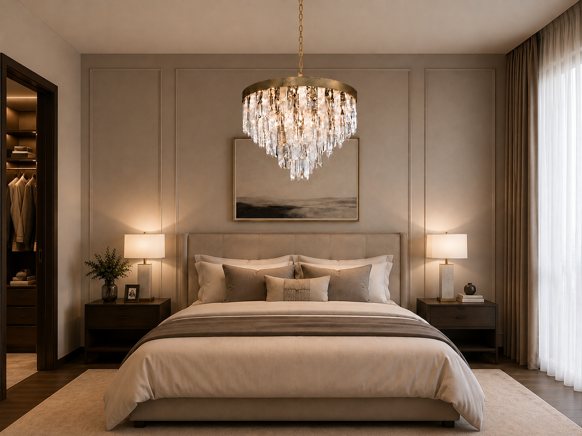 A luxury bedroom featuring a large gold-framed crystal chandelier hanging above a neatly made bed with beige linens. The room has elegant paneling, matching bedside tables, lit table lamps, and sheer curtains.